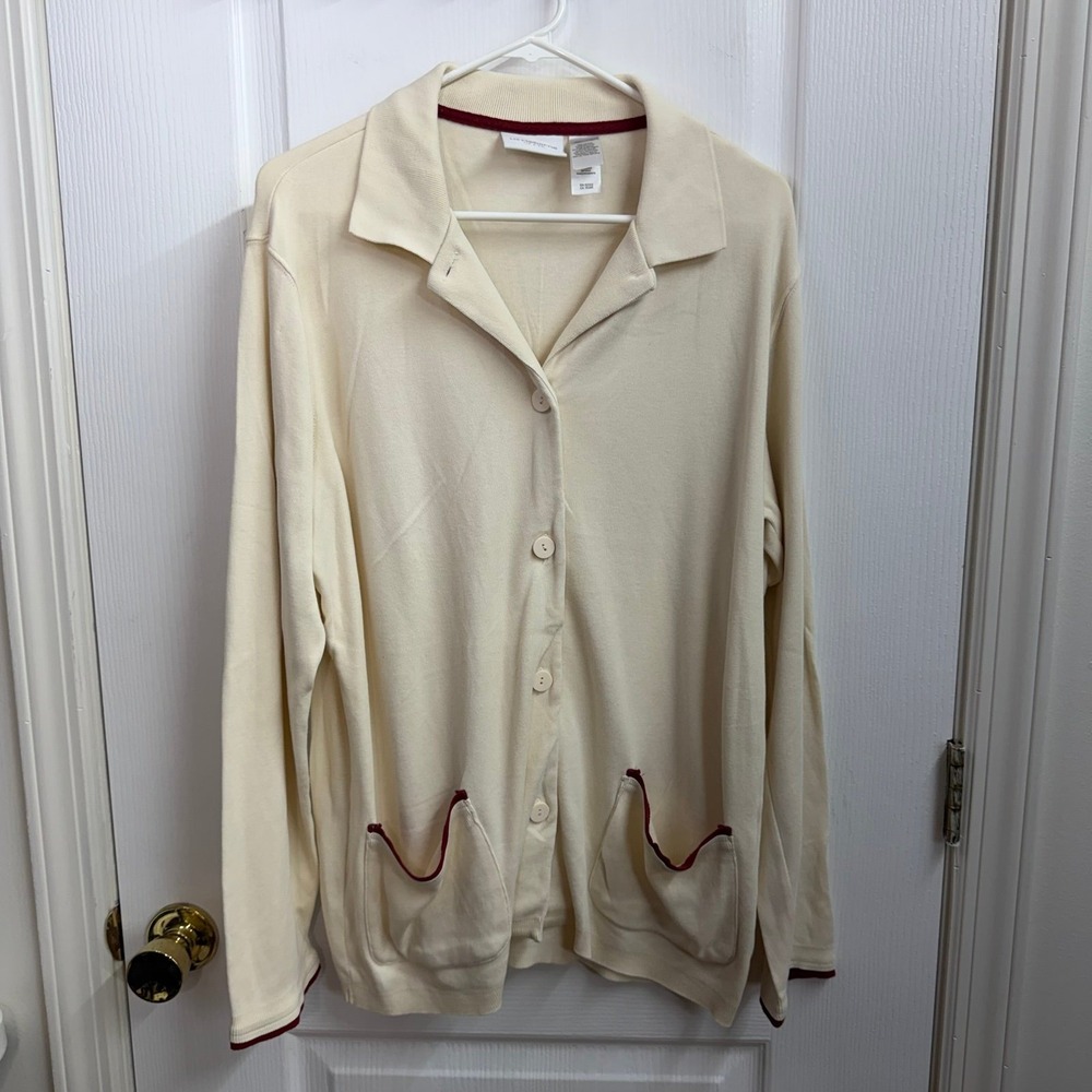Liz Claiborne cream collared button down pockets red trim long cardigan sweater